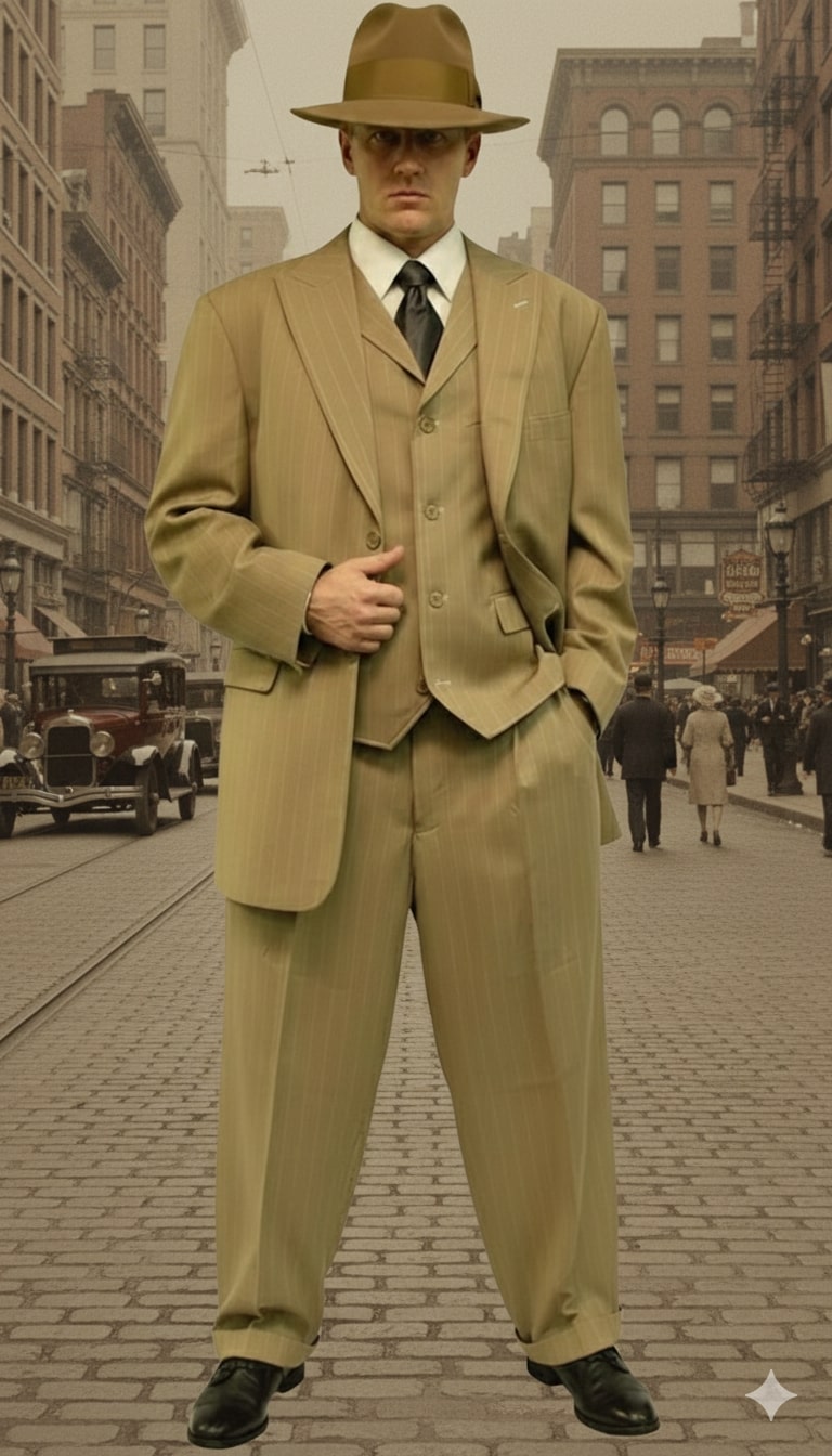 Mens Tan Pinstripe Zoot Suit – 1920s Gangster Vintage 3-Piece Suit with Wide-Leg Pants - 34 Short or Extra Small