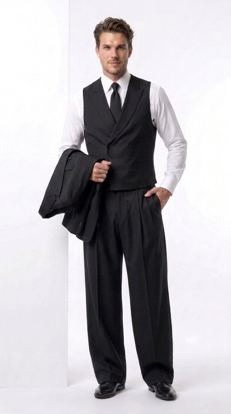 Tiglio Rosso Men’s Black Super 150’s Italian Wool 3-Piece Suit – Double-Breasted Jacket, Vest and Wide-Leg Pleated Pants - 34 Short or Extra Small