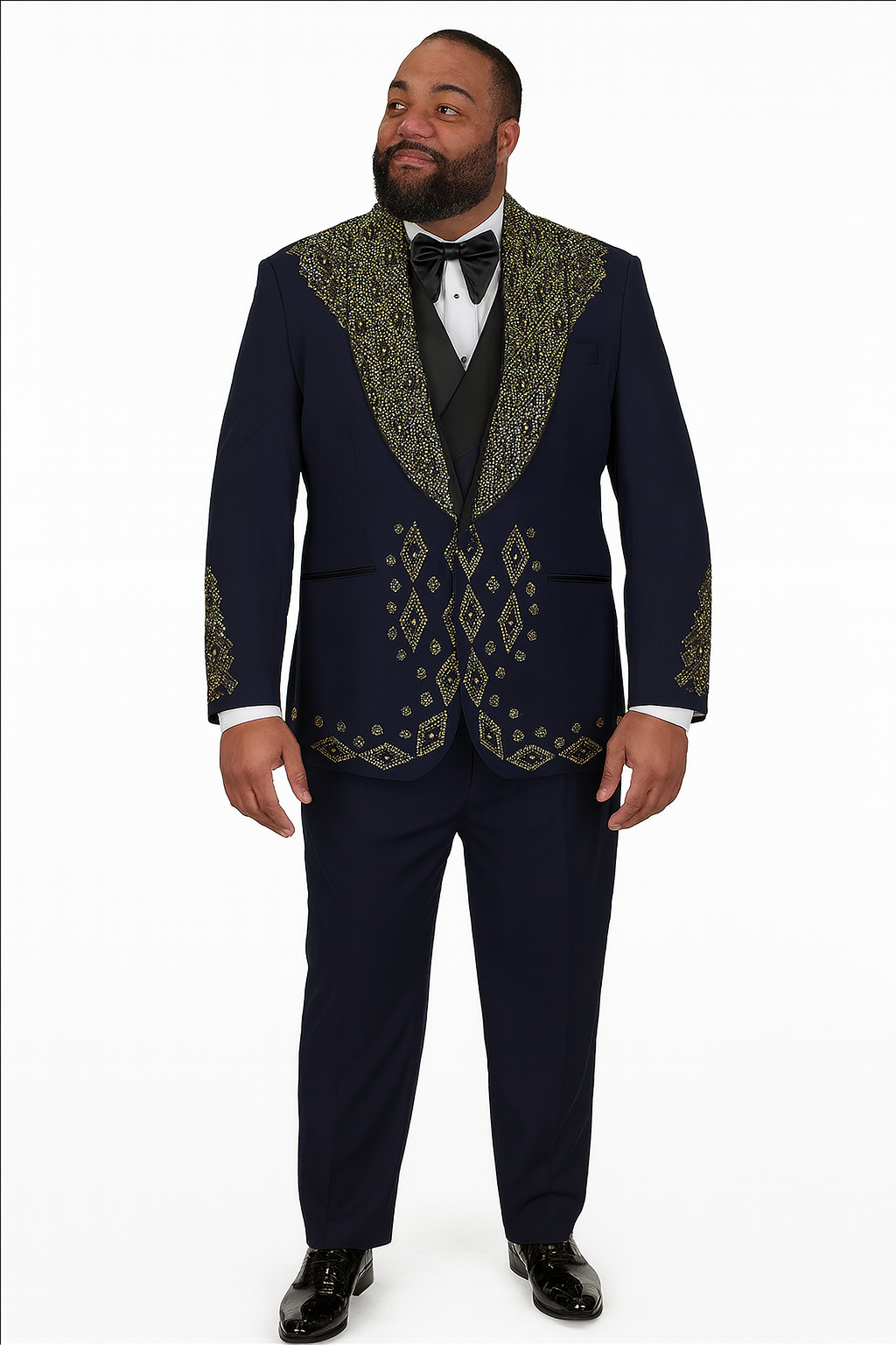 Men’s Navy Tuxedo with Gold Embroidery – Slim Fit Formal Dinner Jacket with Shawl Lapel - 34 Short or Extra Small