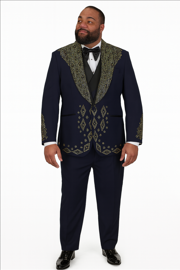 Mens Navy Tuxedo with Gold Embroidery Slim Fit Formal Dinner Jacket with Shawl Lapel