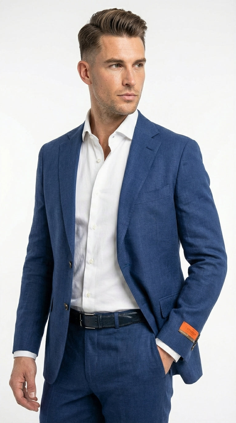 Mens Enzo Tovare Denim Blue Linen Summer Suit – Breathable Two Piece Suit for Wedding, Business, Travel - 34 Short or Extra Small