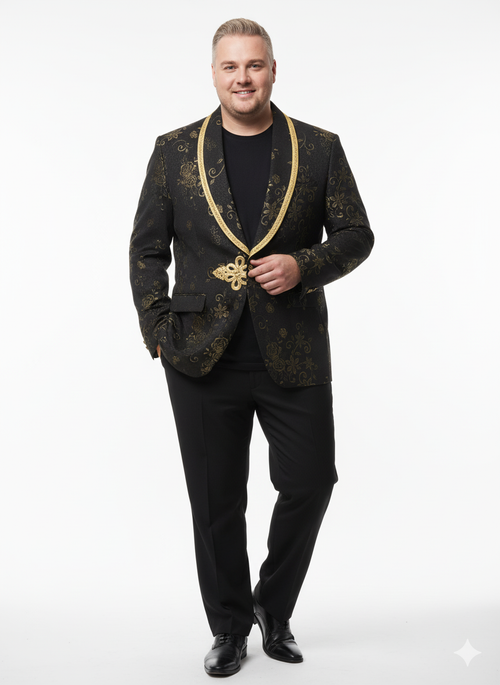 Mens Black and Gold Embroidered Luxury Blazer Designer Floral Pattern Wedding & Party Jacket (Sim534)