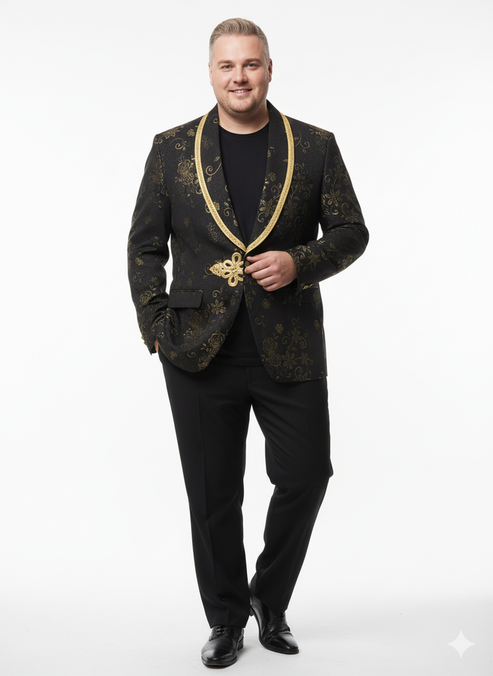 Mens Black and Gold Embroidered Luxury Blazer Designer Floral Pattern Wedding & Party Jacket (Sim534)