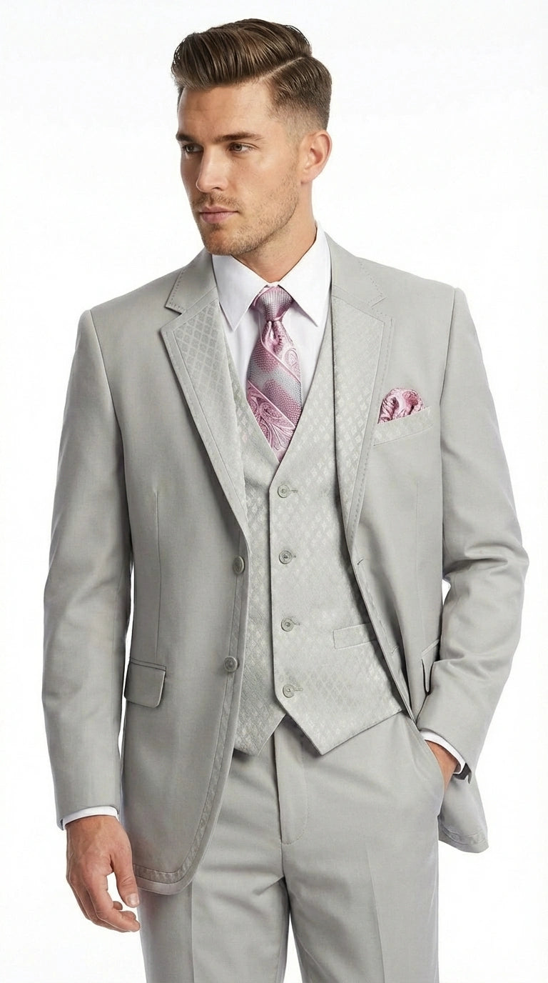 Men’s Light Gray 3 Piece Suit – Ice Silver Gray Formal Suit Set with Vest, Patterned Lapel and Tie for Wedding, Prom and Business Events - 34 Short or Extra Small