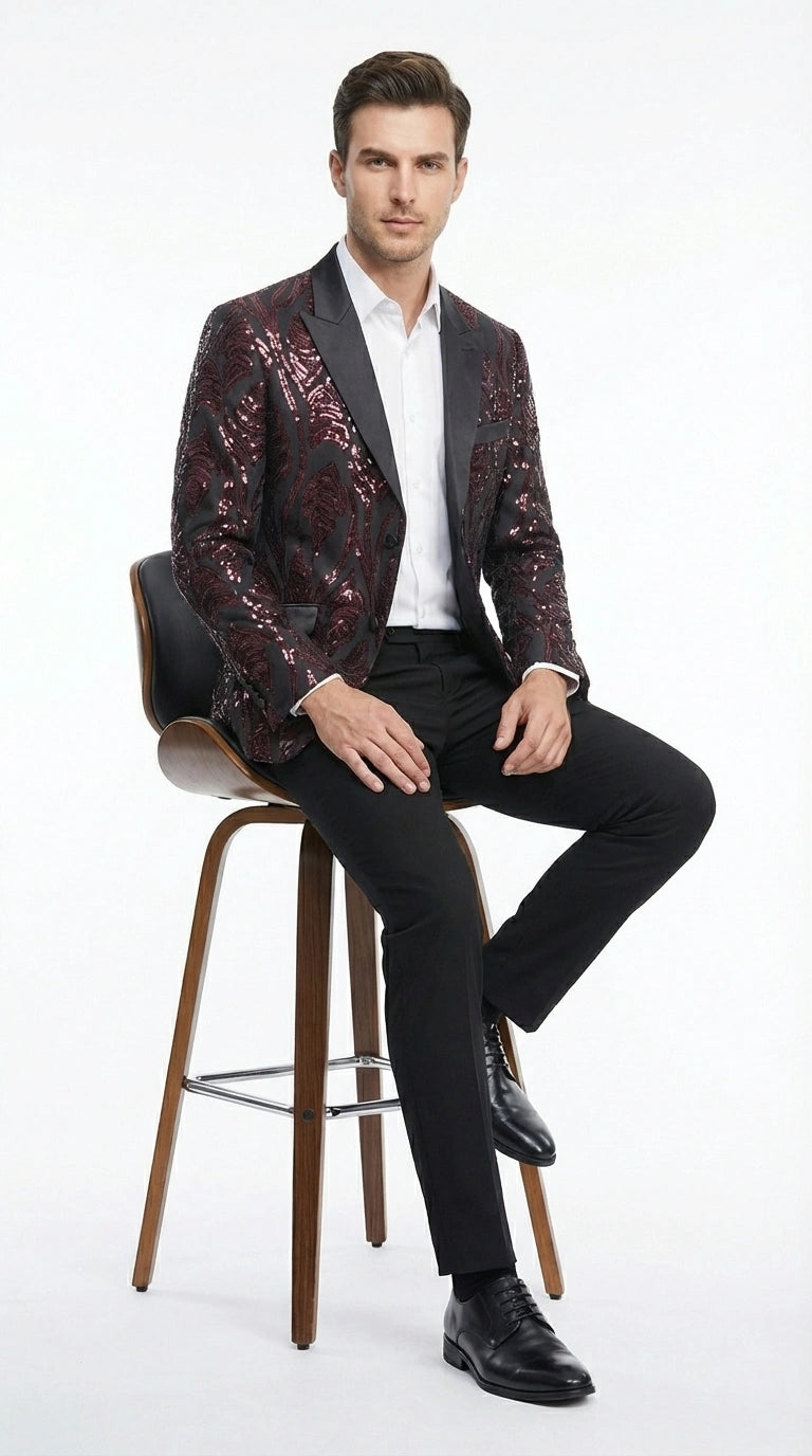 Men’s Black and Burgundy Sequin Blazer – Black Sparkle Sequin Party Blazer with Burgundy Pattern for Prom, Wedding Slim Fitted - 36 Short