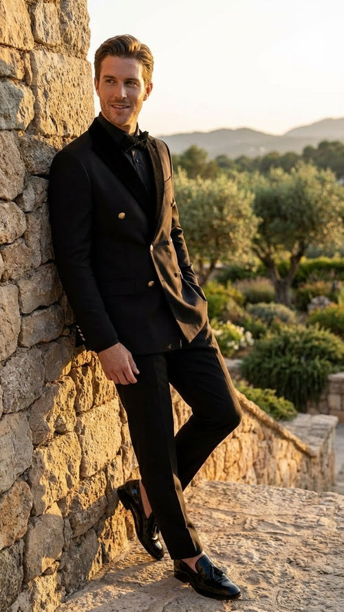 Mens Black Double Breasted Tuxedo Suit Luxury Formal Dinner Jacket Gold Buttons Velvet Lapel