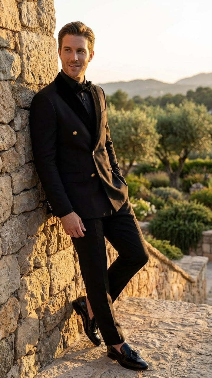 Mens Black Double Breasted Tuxedo Suit Luxury Formal Dinner Jacket Gold Buttons Velvet Lapel