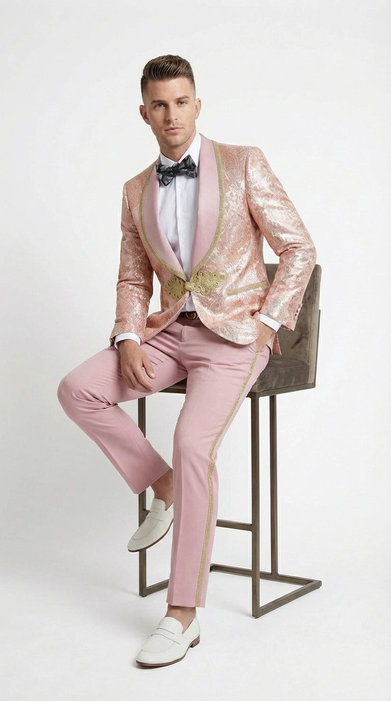 Men’s Rose Gold Pink Prom Tuxedo Suit – Slim Fit Paisley Pattern Formal Tuxedo Suit for Prom, Wedding and Special Events - 34 Short or Extra Small