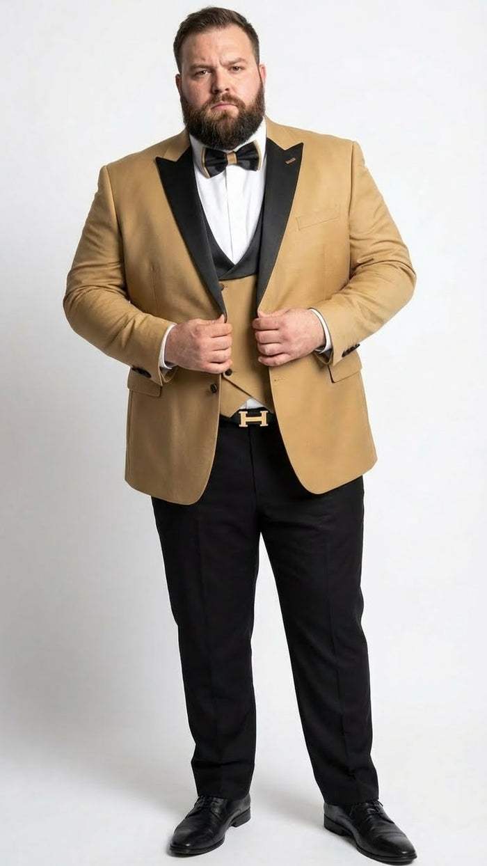 Men's Dark Camel Tan Khaki and Black Great Gatsby Tuxedo Suit Vintage 1920s Formal Wedding, Party and Event Wear