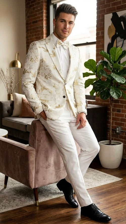 Mens White and Gold Patterned Blazer Paisley Floral Pattern Prom Wedding Suit Tuxedo Dinner Jacket + Bowtie