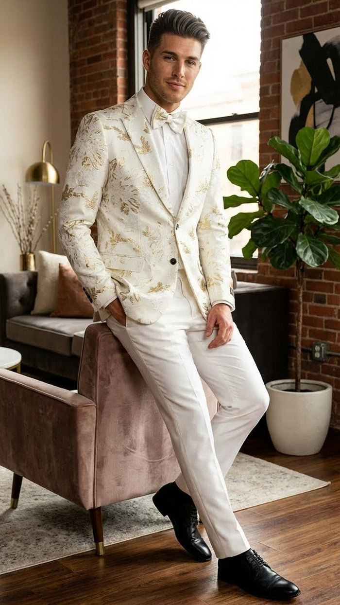 Mens White and Gold Patterned Blazer Paisley Floral Pattern Prom Wedding Suit Tuxedo Dinner Jacket + Bowtie