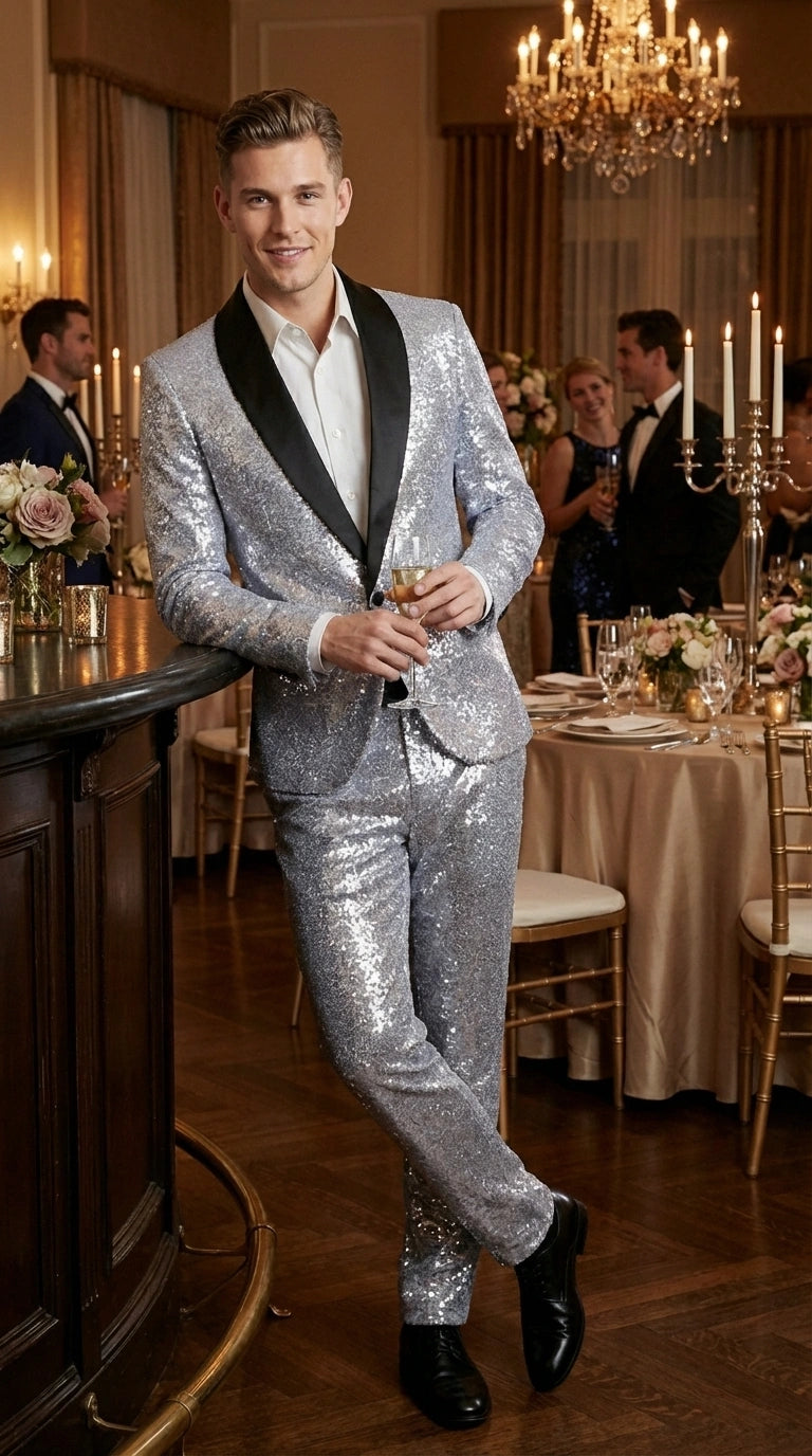 Mens Silver Grey Sequin Tuxedo Suit – Shiny Wedding Suit Set with Black Lapel for Prom, Party, Gala and Formal Evening Wear - 34 Short or Extra Small
