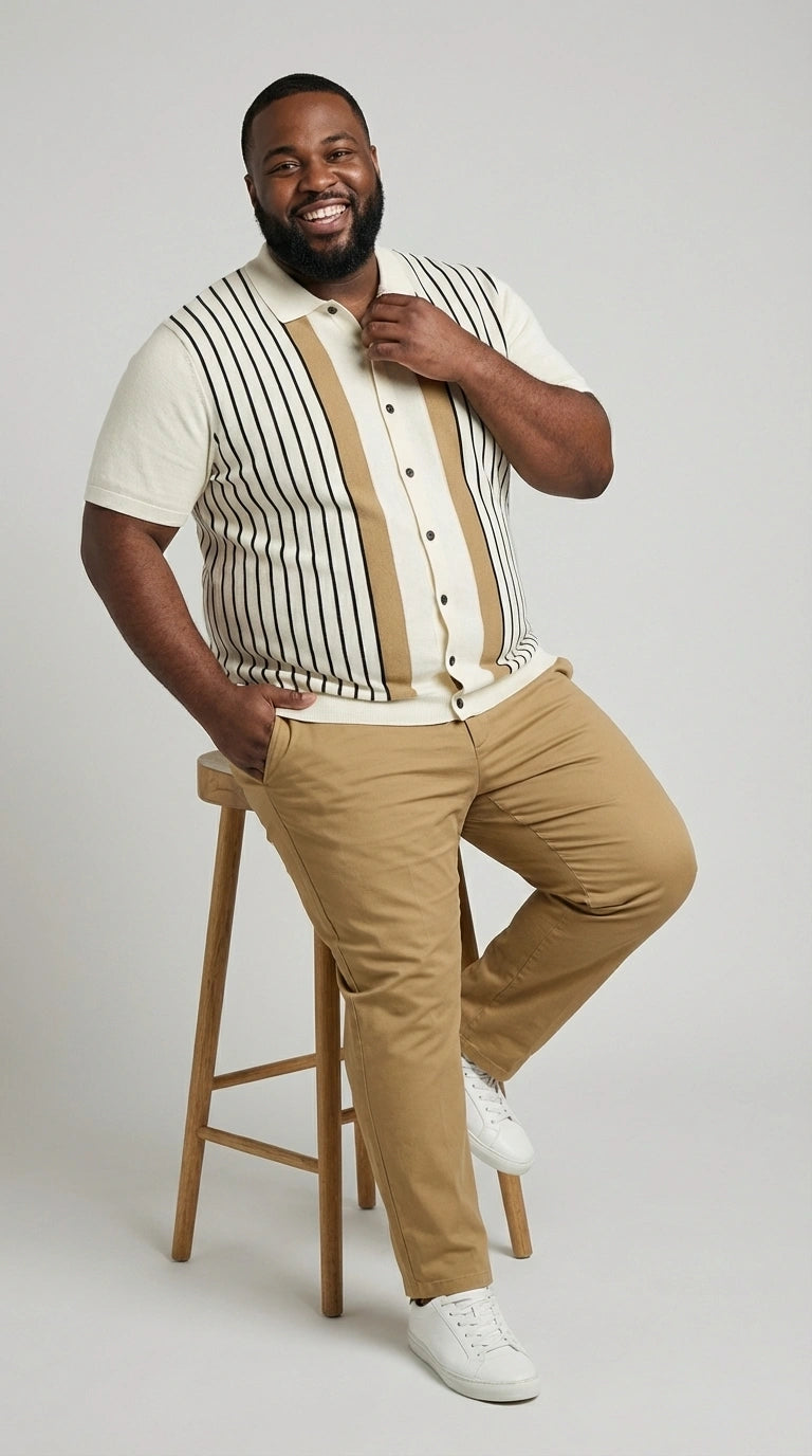 Mens Cream and Tan Striped Walking Suit Set – Casual Summer Short Sleeve Shirt and Pants Outfit for Vacation, Travel and Everyday Wear - S