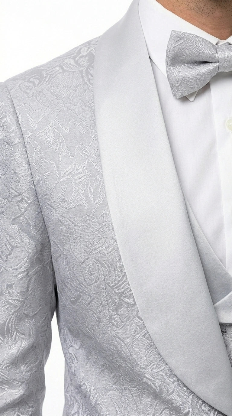 Mens Light Silver Wedding Tuxedo Suit – Paisley Fabric Three Piece Formal Suit Set with Shawl Lapel for Groom, Prom, Gala and ice Grey - 34 Short or Extra Small