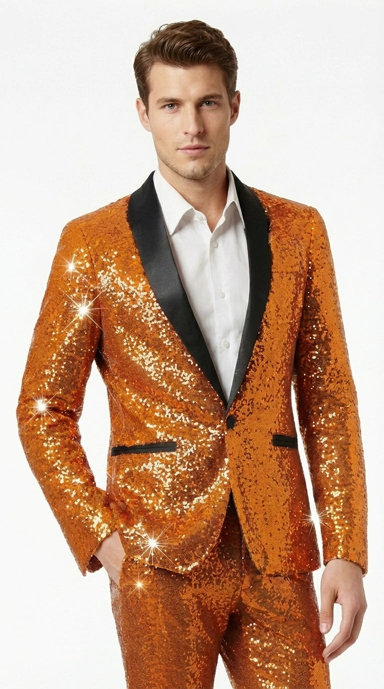 Mens Orange Sequin Tuxedo Suit – Shiny Wedding Suit Set with Black Lapel for Prom, Party, Gala and Formal Evening Wear - Goldish Orange - 34 Short or Extra Small
