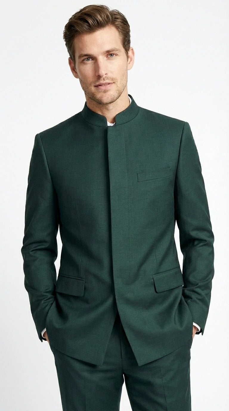 Men’s Olive Green Tuxedo Mandarin Collar Suit – Modern Nehru Style Formal Suit for Wedding Banded Collar - 34 Short or Extra Small
