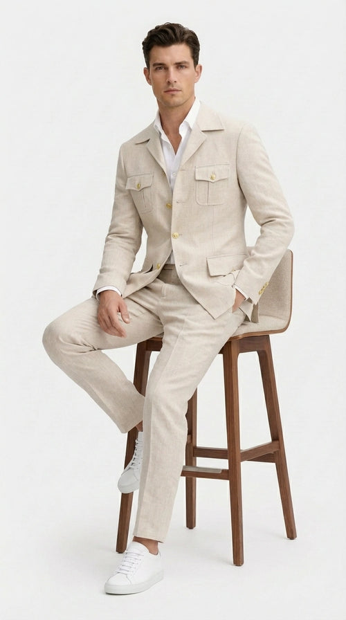 Mens Tan Beige Safari Military Walking Suit Set – Casual Two Piece Outfit Lightweight Summer Blazer and Pants Set Classic Casual Wear