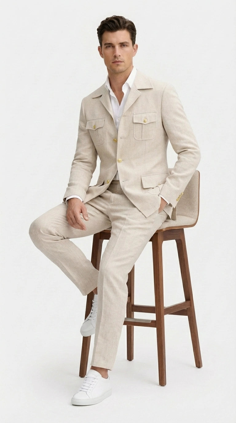 Mens Tan Beige Safari Military Walking Suit Set – Casual Two Piece Outfit Lightweight Summer Blazer and Pants Set Classic Casual Wear - 34 Short or Extra Small