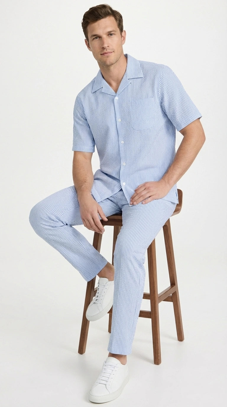 Mens Light Blue Seersucker Walking Suit Set – Casual Summer Short Sleeve Outfit with Matching Pants Lightweight Two Piece Set - S
