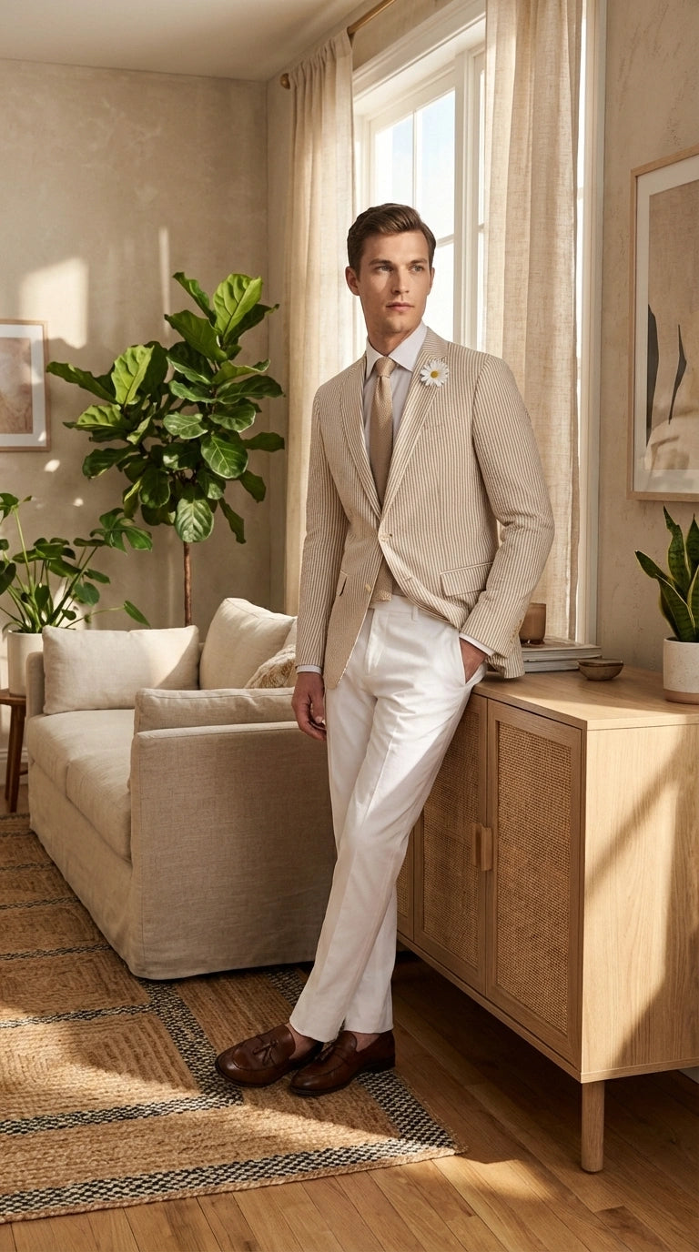 Mens Beige Seersucker Blazer – Lightweight Striped Summer Sport Coat Casual Smart Formal Jacket - 36 Short