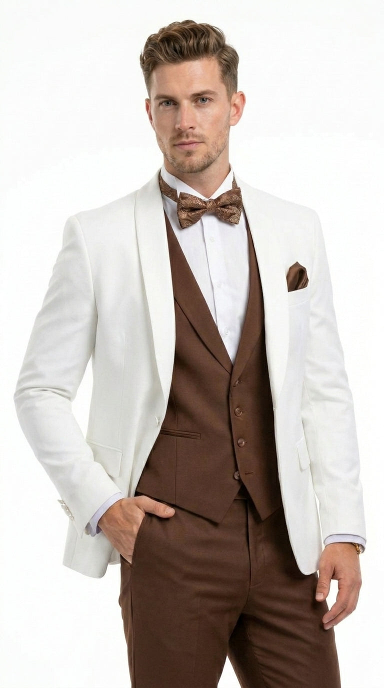 Men’s Ivory and Brown 3 Piece Suit – Elegant White Blazer with Brown Vest and Trousers for Wedding, Prom and Formal Events in off White Cream + Bowtie - 34 Short or Extra Small