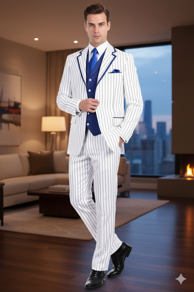Mens White and Royal Blue Pinstripe 3-Piece Suit Classic Fit Blazer with Vest, Pants, and Tie