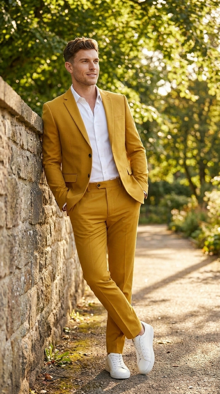 Men’s Gold Mustard Color Suit – Wedding & Prom Formal Suit Outfit, Modern Blazer and Pants - 34 Short or Extra Small