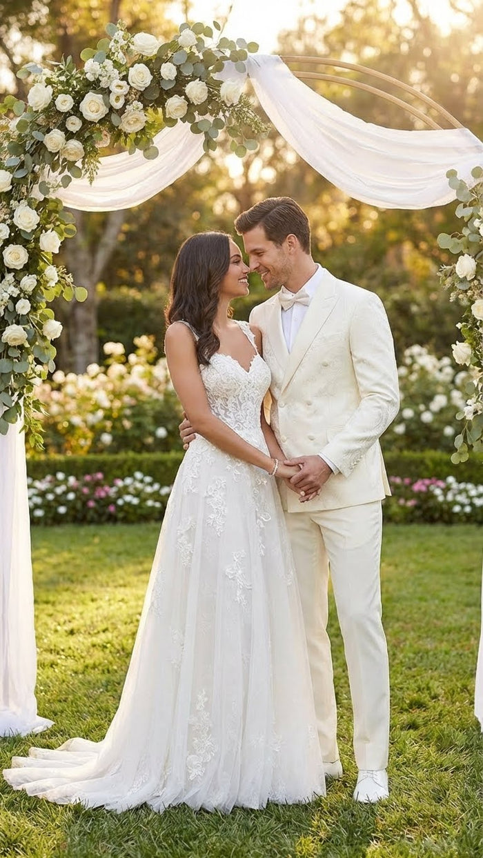 Mens Ivory Double Breasted Tuxedo Dinner Jacket Textured Blazer Paisley Texture Pattern in Off White Cream Color + Bowtie