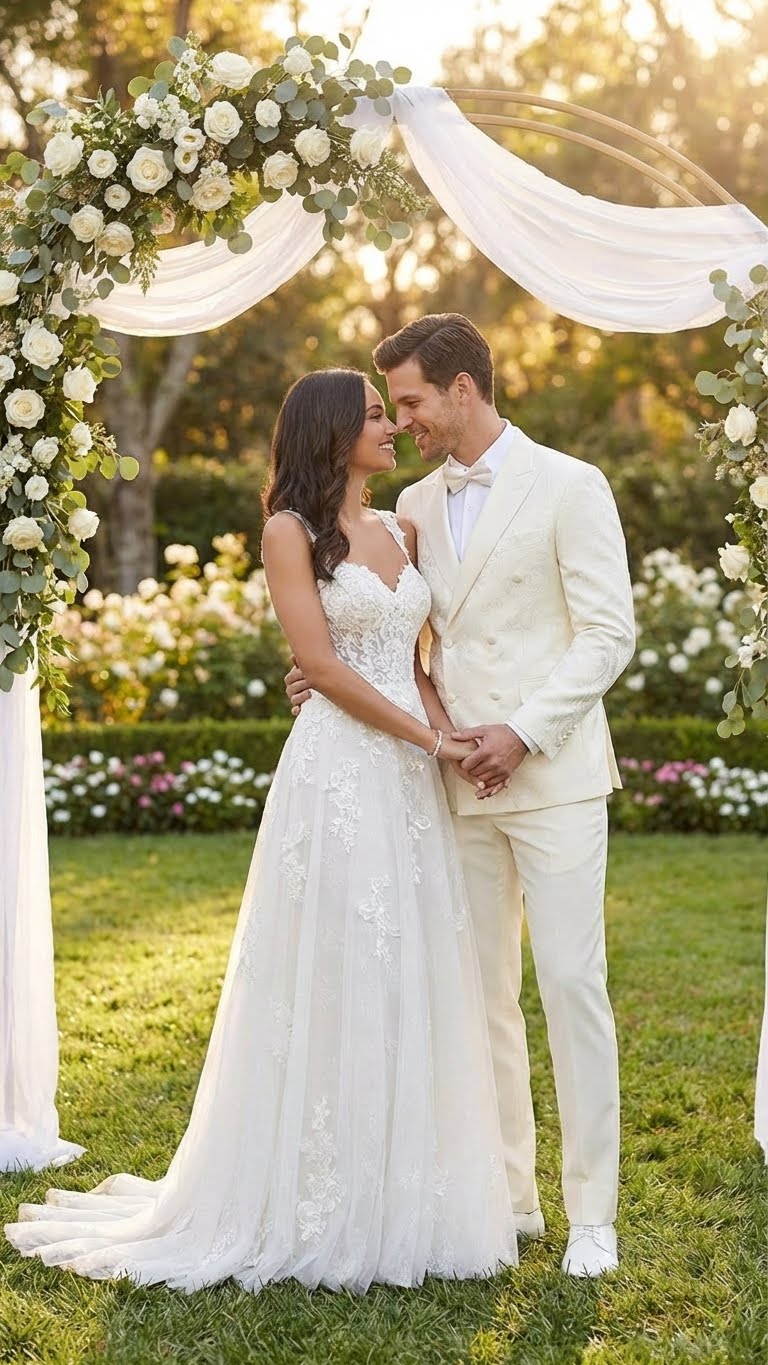 Men’s Ivory Double Breasted Tuxedo Dinner Jacket – Textured Blazer Paisley Texture Pattern in Off White Cream Color + Bowtie - 36 Short