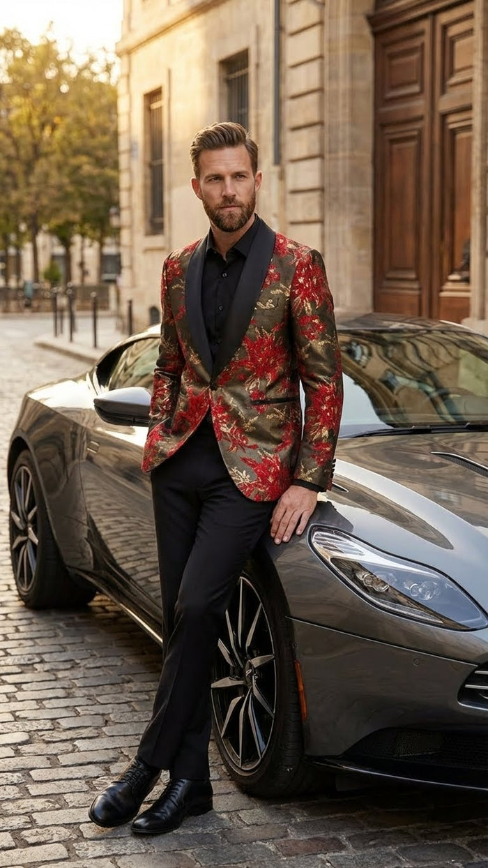 Mens Red and Gold Floral Pattern Paisley  Shawl Lapel | Luxury Evening and Party Wear Jacket Prom Christmas New Year Blazer