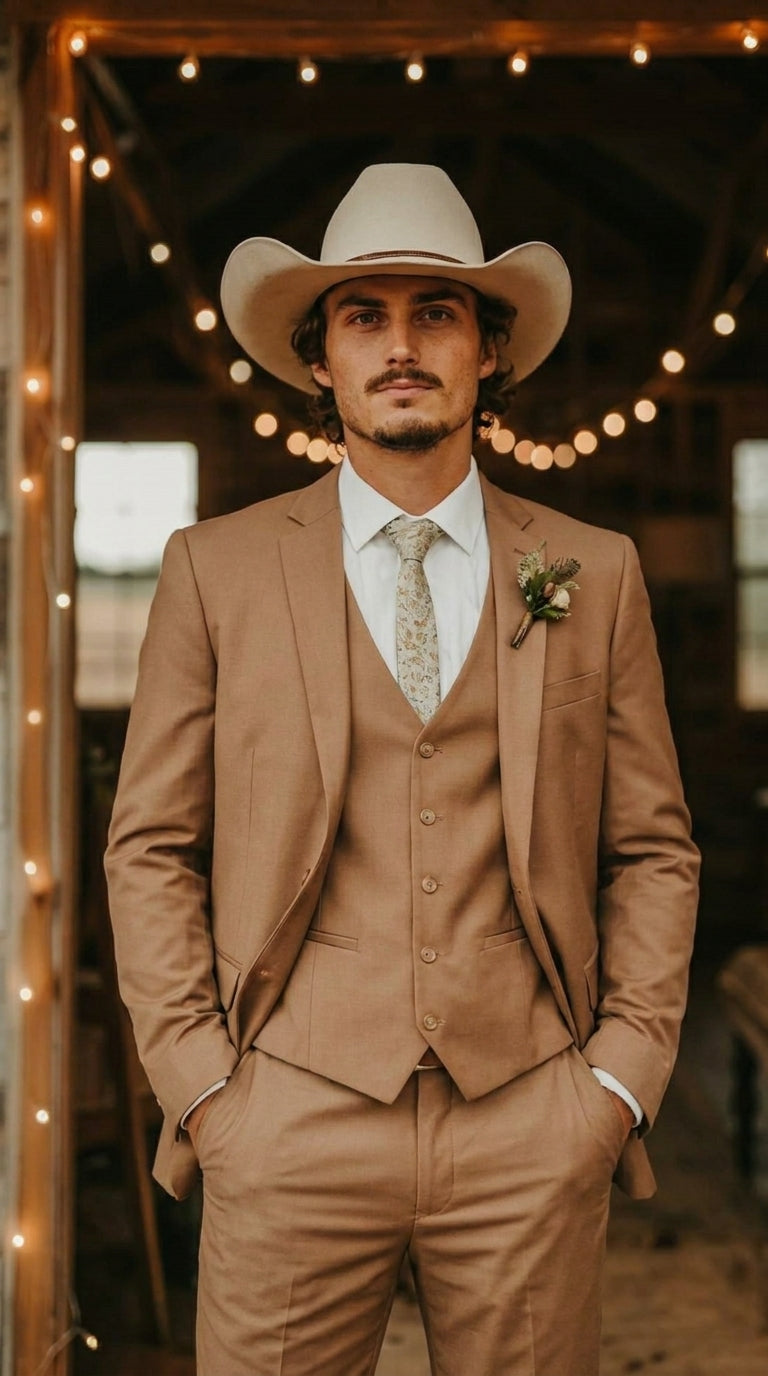 Mens Camel Brown Copper Western 3 Piece Suit – Classic Country Style Blazer Vest Pants Set, Formal Cowboy Suit Outfit - 34 Short or Extra Small