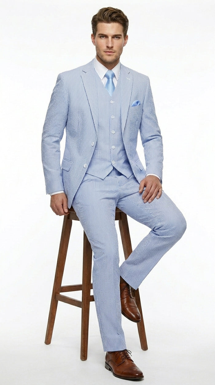 Cheap priced Suit - Mens 2 Button Jacket + Pants Summer Seersucker Blue Suit
