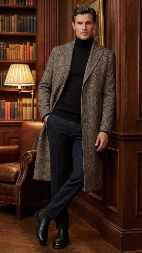 Mens Black & Grey  Herringbone Tweed Wool Blend Overcoat Classic Single-Breasted Winter Blazer Carcoat