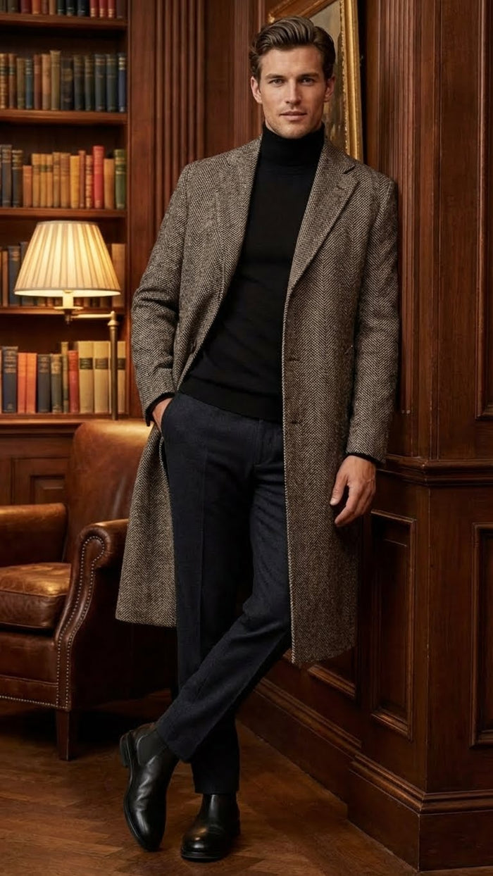 Mens Black & Grey  Herringbone Tweed Wool Blend Overcoat Classic Single-Breasted Winter Blazer Carcoat