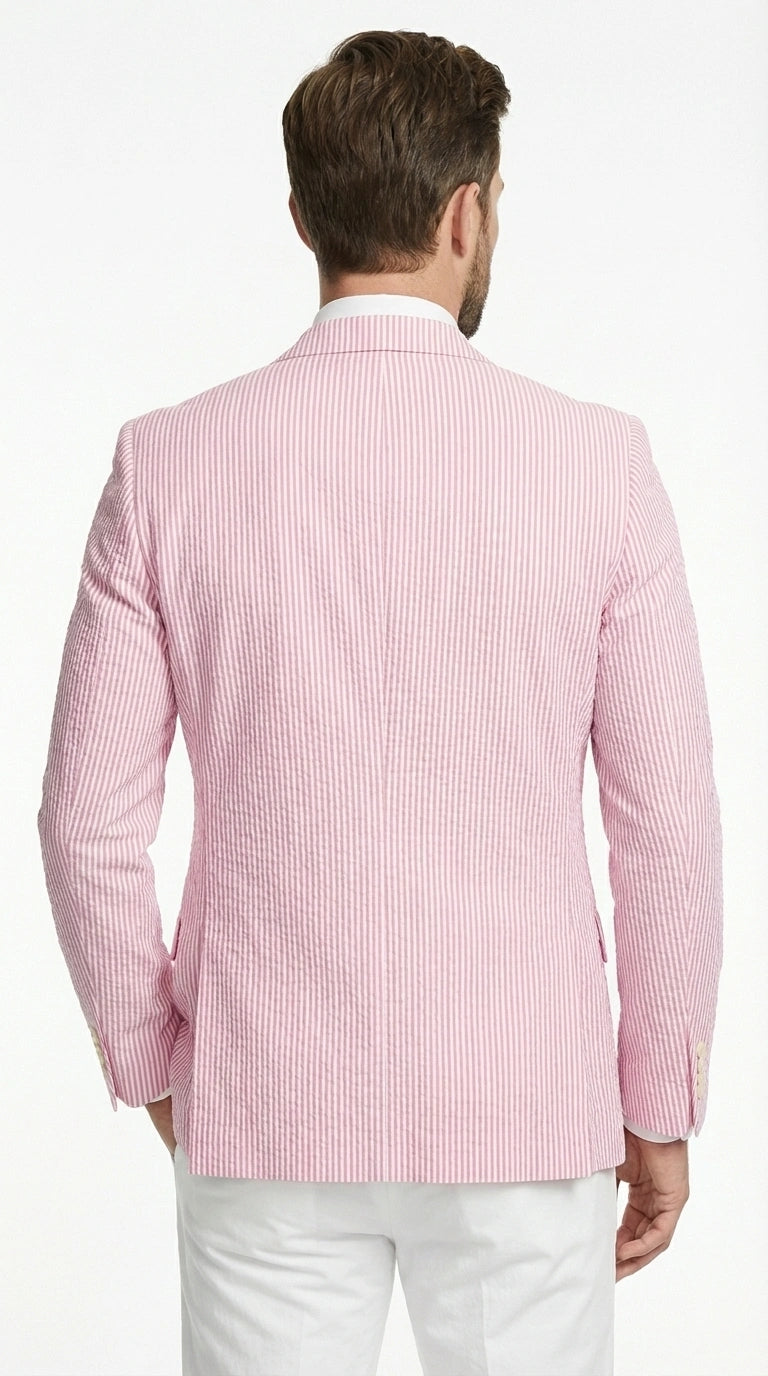Mens Pink Seersucker Blazer – Lightweight Striped Summer Sport Coat Casual Smart Formal Jacket - 36 Short