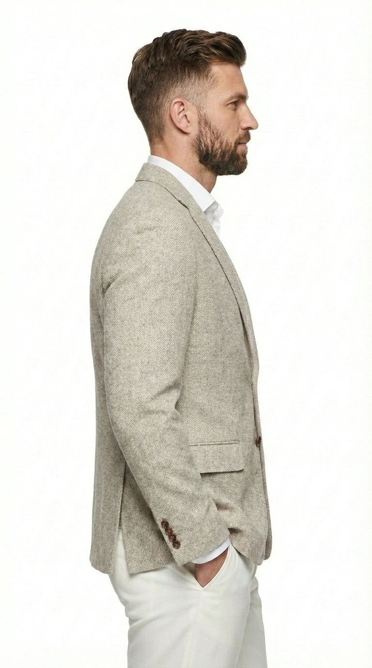 Men’s Light Tan Tweed Blazer – Classic Herringbone Sport Coat, Beige Casual Formal Jacket, Vintage Style Business & Smart Casual Wear - 36 Short