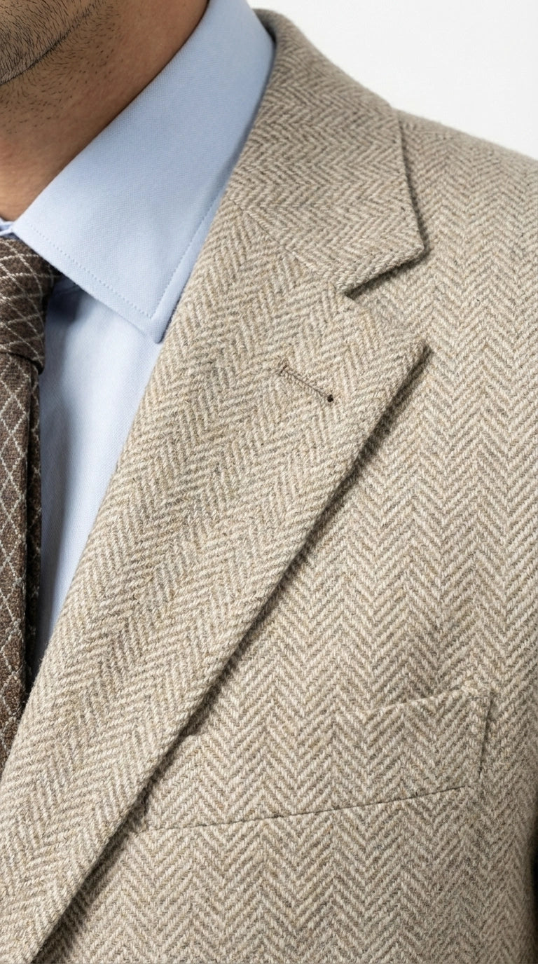 Men’s Light Tan Tweed Suit – Classic Beige Two Piece Suit, Herringbone Formal Wear, Vintage Style Business & Wedding Outfit for Men - 34 Short or Extra Small