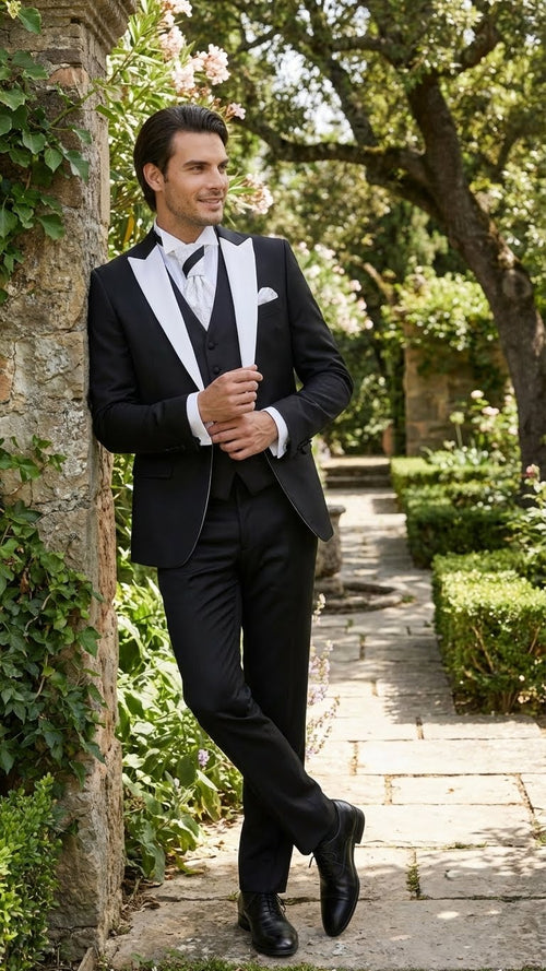 Mens Black and White Lapel Prom Tuxedo Suit + Black Vest + Black Pants Peak Lapel