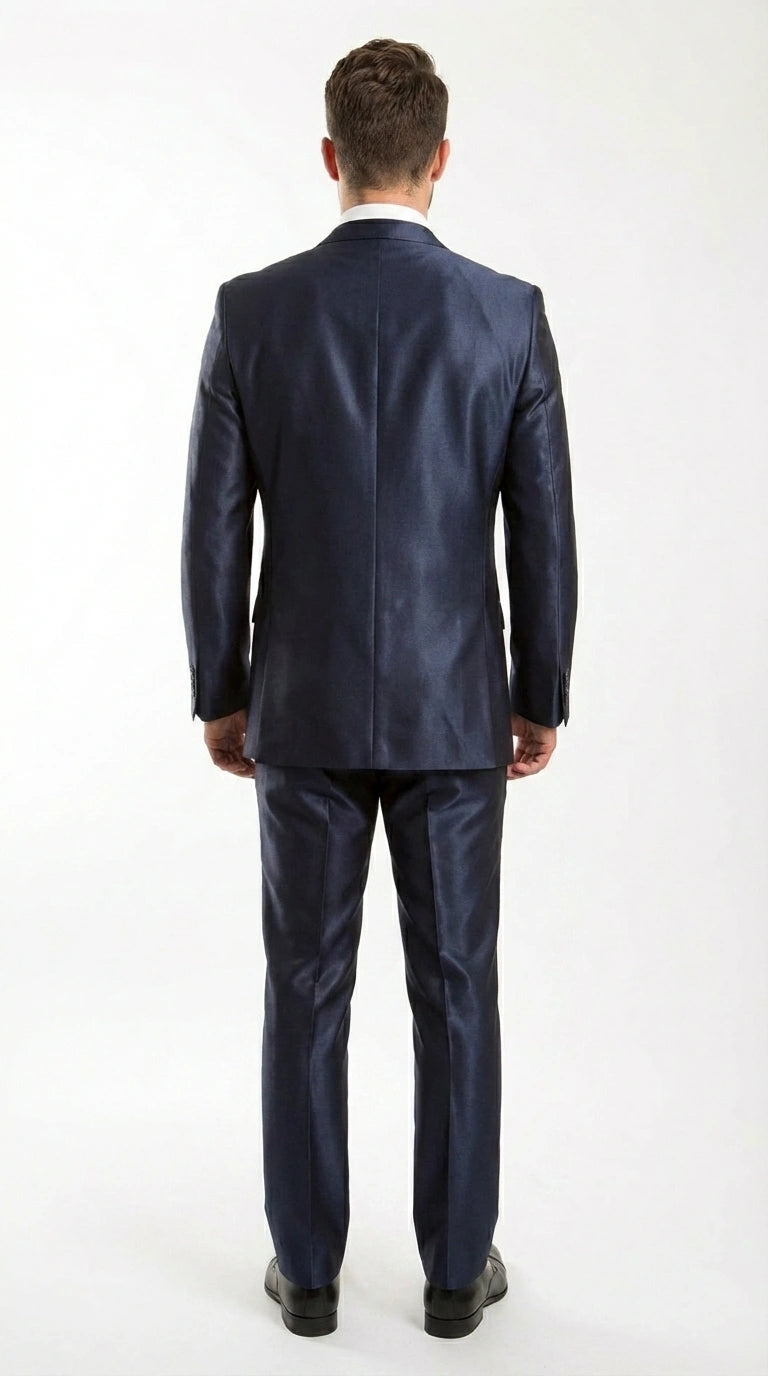 Men’s Navy Blue Sharkskin 3 Piece Suit – Two Button Vested Shiny Formal Suit for Wedding, Prom, Business and Party Wear - 34 Short or Extra Small