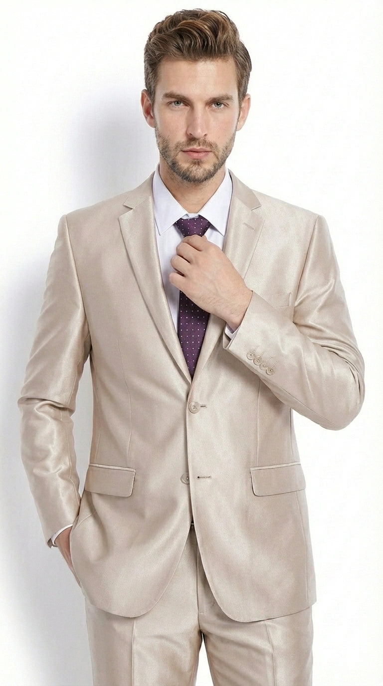 Men’s Champagne Tan Sharkskin 2 Button Suit – Shiny Formal Suit with Optional Vest for Wedding, Prom, Business Beige Color - 34 Short or Extra Small