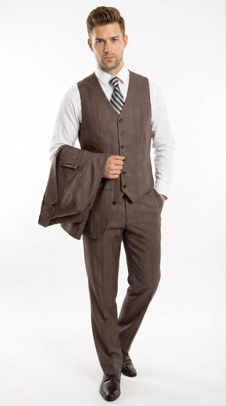 Men’s Brown Sharkskin 3 Piece Suit – Textured Two Button Vested Business Formal Suit for Wedding, Party Wear Vested - 34 Short or Extra Small