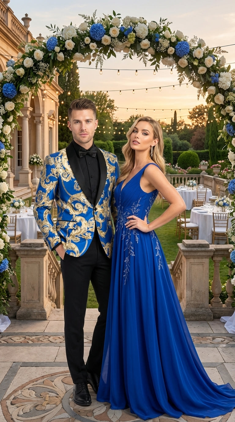 Men’s Royal Blue and Gold Blazer Jacket – Luxury Floral Pattern Tuxedo Blazer, Formal Party Wedding Dinner Jacket, Stylish Evening Wear - 36 Short