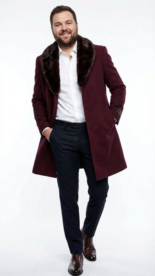 Mens Burgundy Three Quarter Coat with Faux Fur Collar Overcoat Luxury Winter Outerwear Three Quarter Carcoat Topcoat