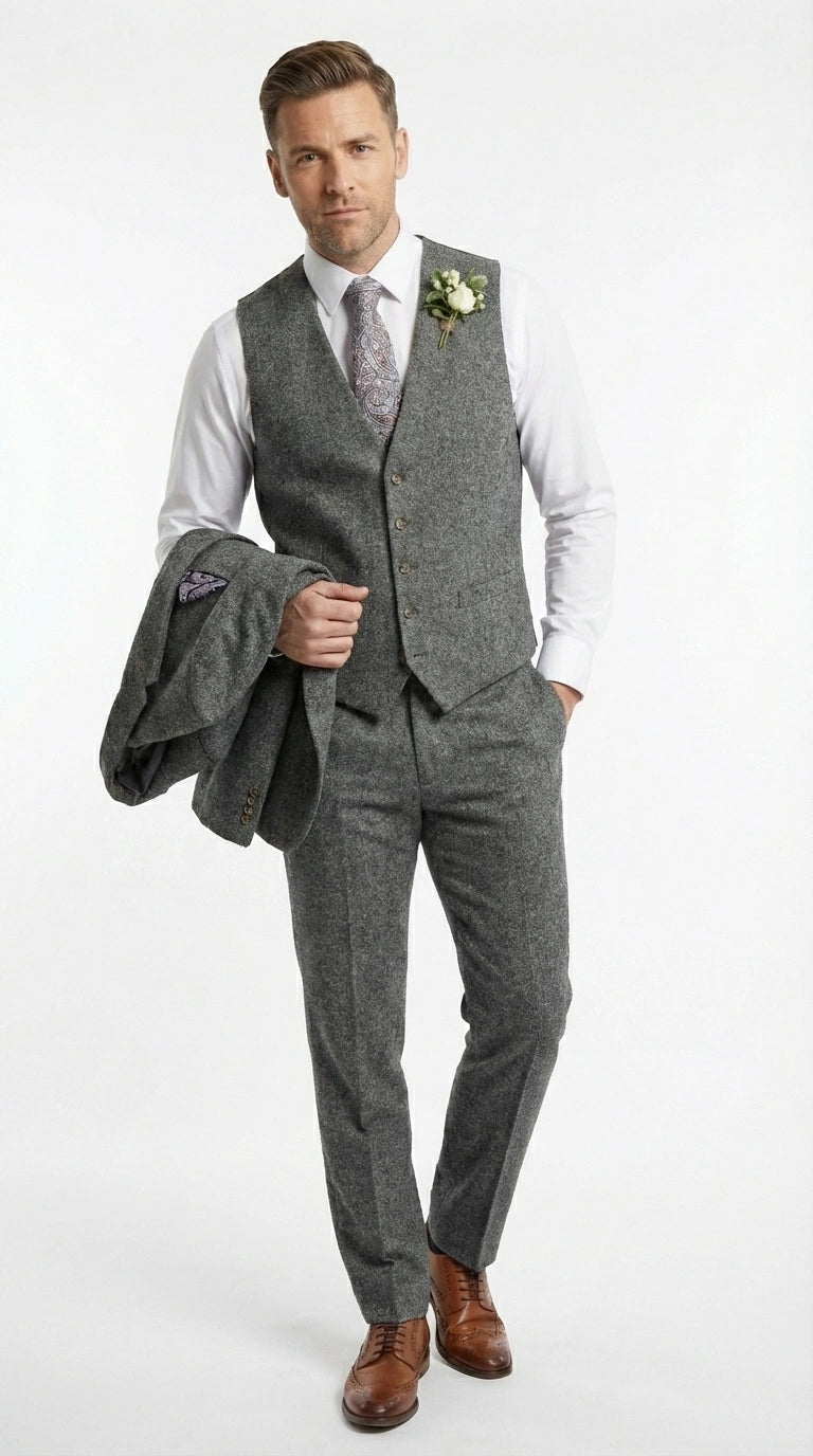 Men’s Peaky Blinder Light Grey Tweed Suit with Vest – Classic Three Piece Formal Suit, Vintage Wedding Business Outfit - 34 Short or Extra Small
