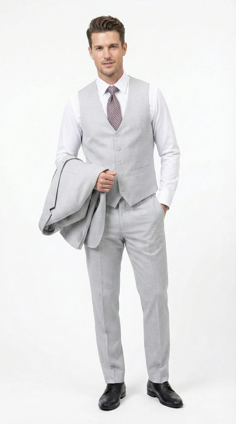 Men’s Light Grey Sharkskin 3 Piece Suit – Two Button Vested Modern Formal Business Suit for Wedding in silver Ice Gray - 34 Short or Extra Small