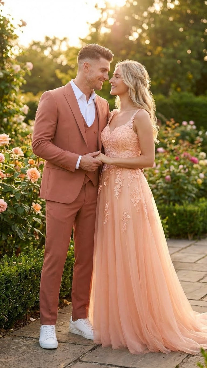 Mens Light Rust - Peach Color - Salmon Color  3 Piece Suit Set with Vest, Classic Formal Wedding Prom Business Dress Suit
