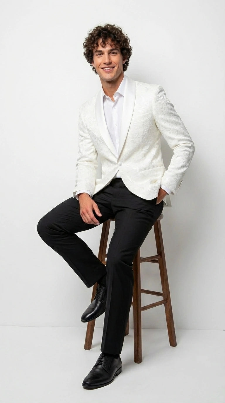 Men’s White Paisley Disco Blazer 1980s Style Jacket – Shawl Lapel Formal Party Blazer, Elegant Masquerade Club Wear, Stylish Evening Outfit - 36 Short