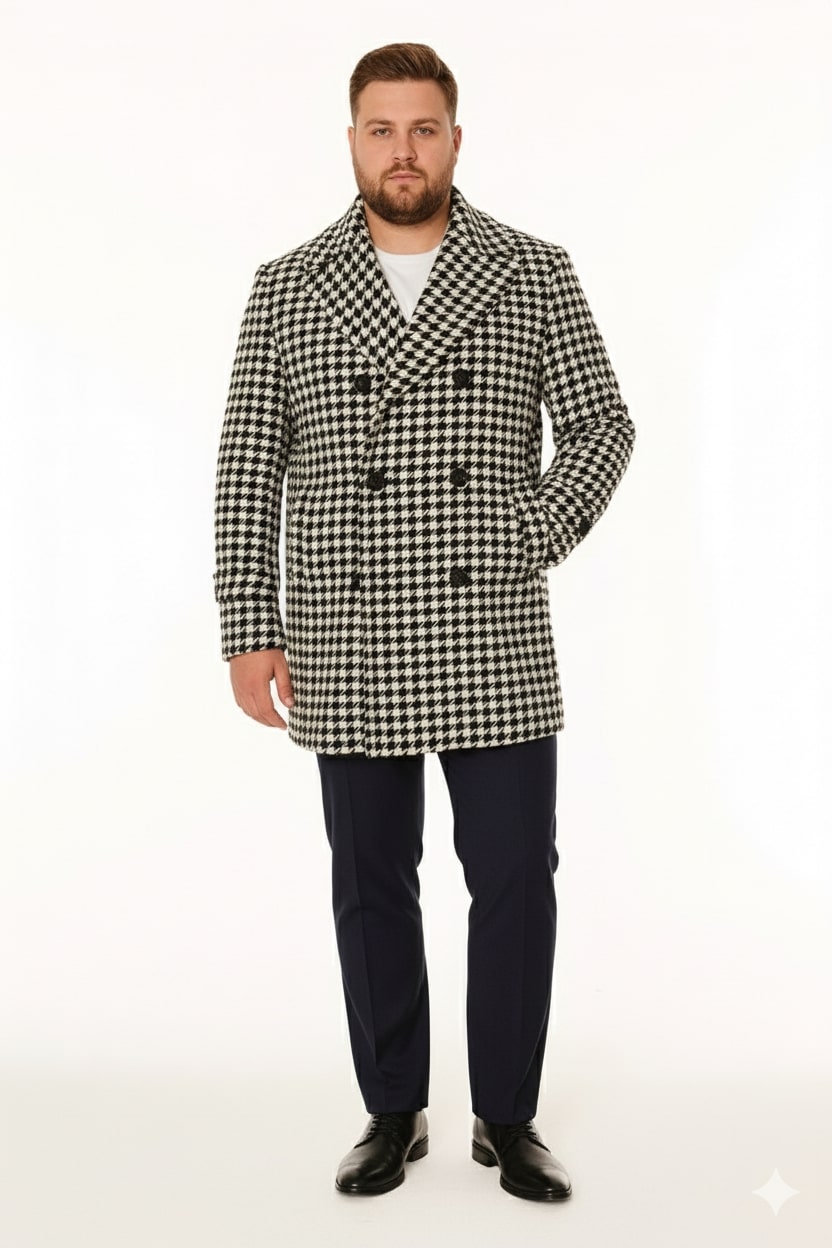 Mens Houndstooth Double-Breasted Overcoats Classic Black and White Wool Blend Peacoat Wool Fabric - Coat Size 38
