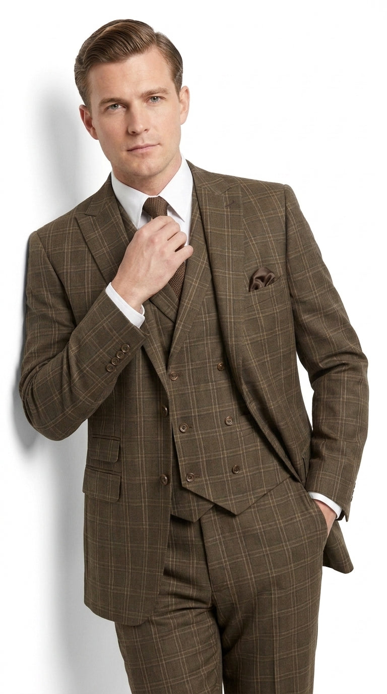 Men’s 1930s Brown Plaid 3 Piece Suit, Vintage Formal Wedding Business Dress Suit Set - 34 Short or Extra Small