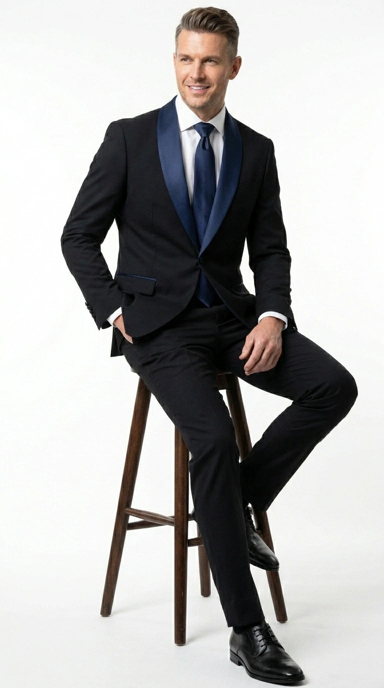 Men’s Black Suit with Navy Blue Lapel – Elegant Formal Tuxedo Style Suit for Wedding, Prom, Party and Evening Wear - 34 Short or Extra Small